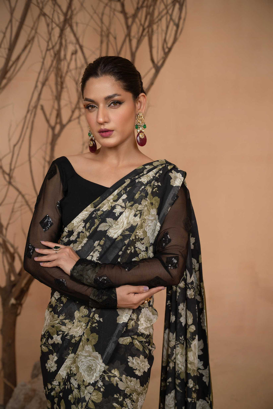 Hemstitch Afsana Vol-02 Embroidered Georgette Chiffon Stitched Saree - AMELIA