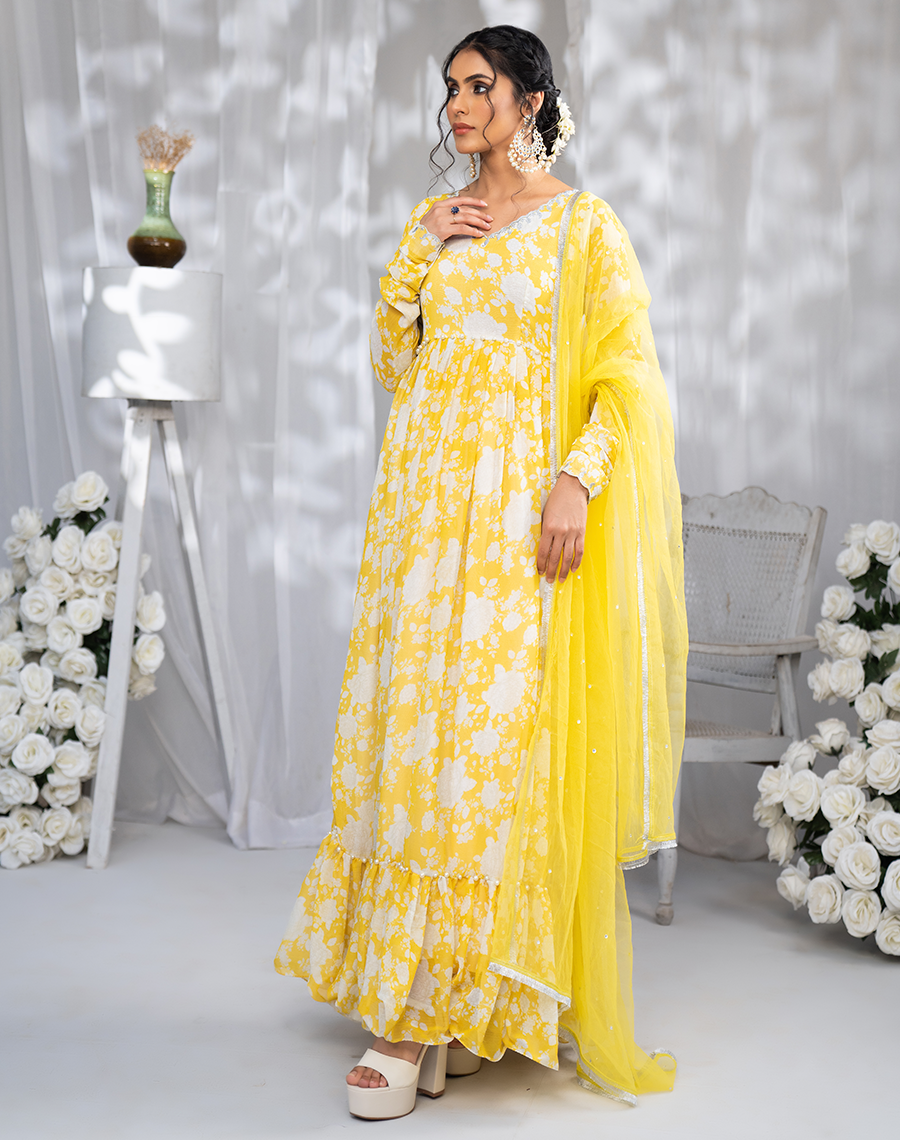 Hemstitch Afsana Embroidered Chiffon Pishwas - Snow Charm (A)