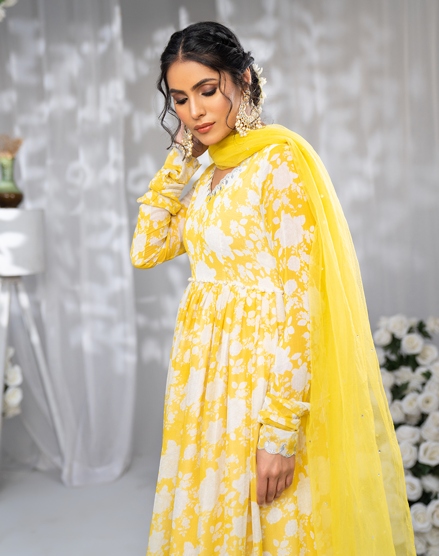 Hemstitch Afsana Embroidered Chiffon Pishwas - Snow Charm (A)