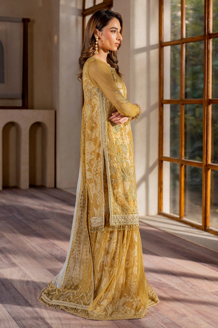 Zarif Iris Sequins Embroidered Net Unstitched 3Pc Suit ZRI-03 MARIGOLD