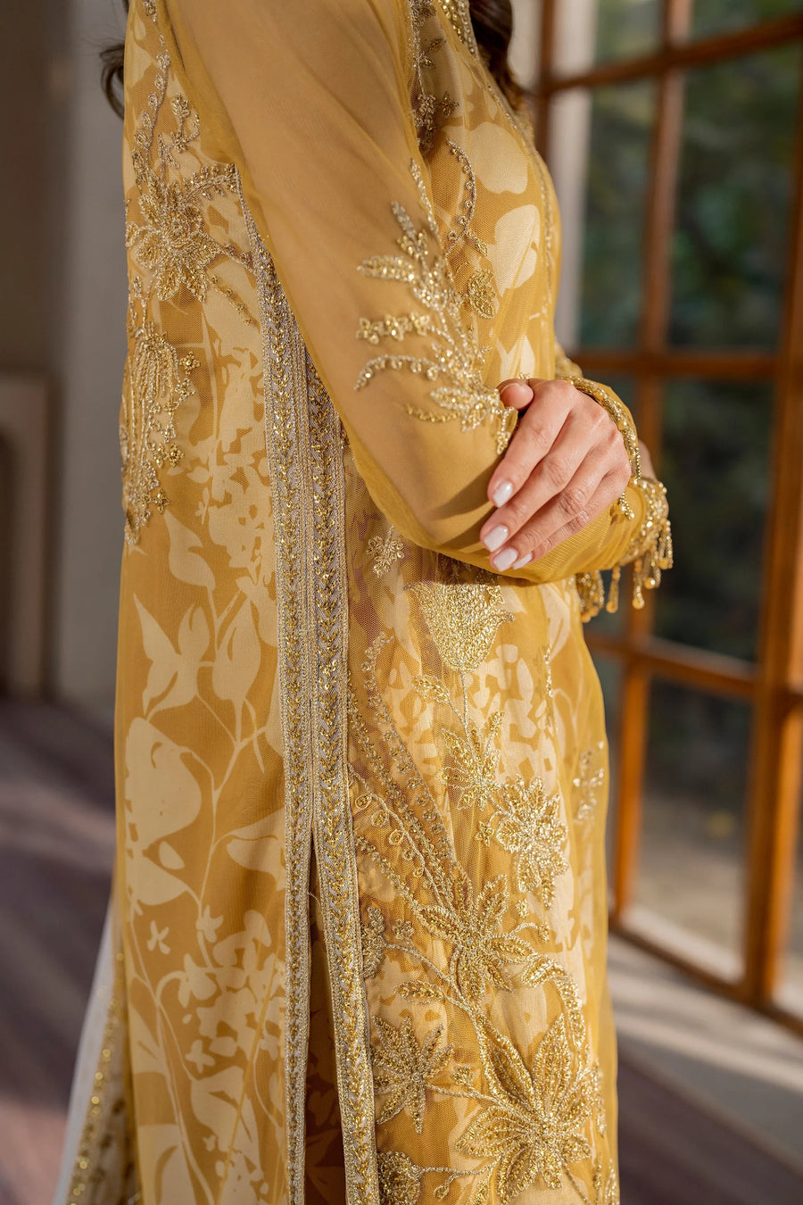 Zarif Iris Sequins Embroidered Net Unstitched 3Pc Suit ZRI-03 MARIGOLD