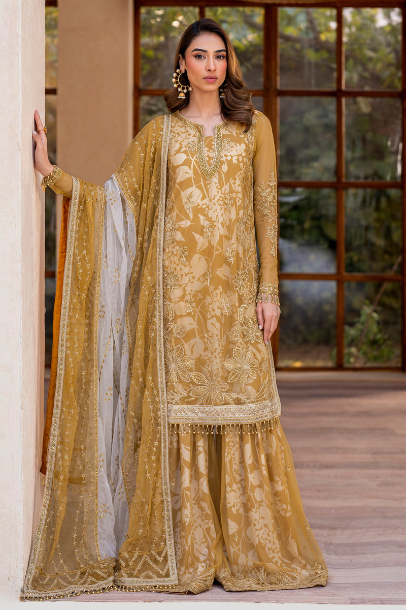 Zarif Iris Sequins Embroidered Net Unstitched 3Pc Suit ZRI-03 MARIGOLD