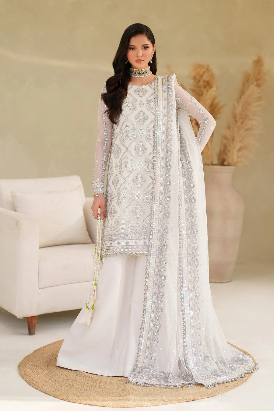 Zarif Meesa Sequins Embroidered Net Unstitched 3Pc Suit - Meehar