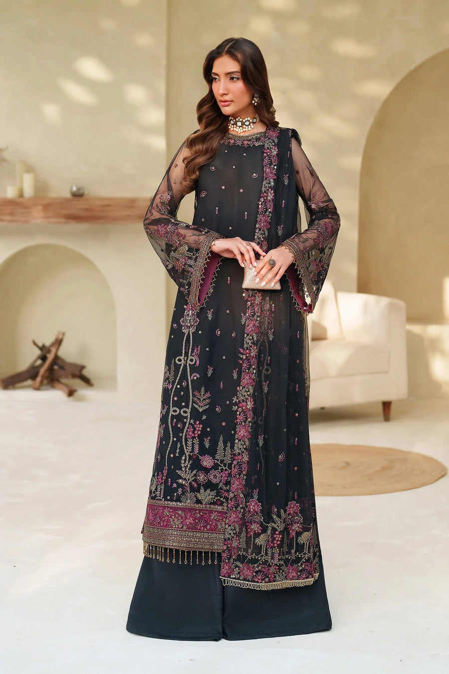 Zarif Meesa Sequins Embroidered Net Unstitched 3Pc Suit - Jemiha