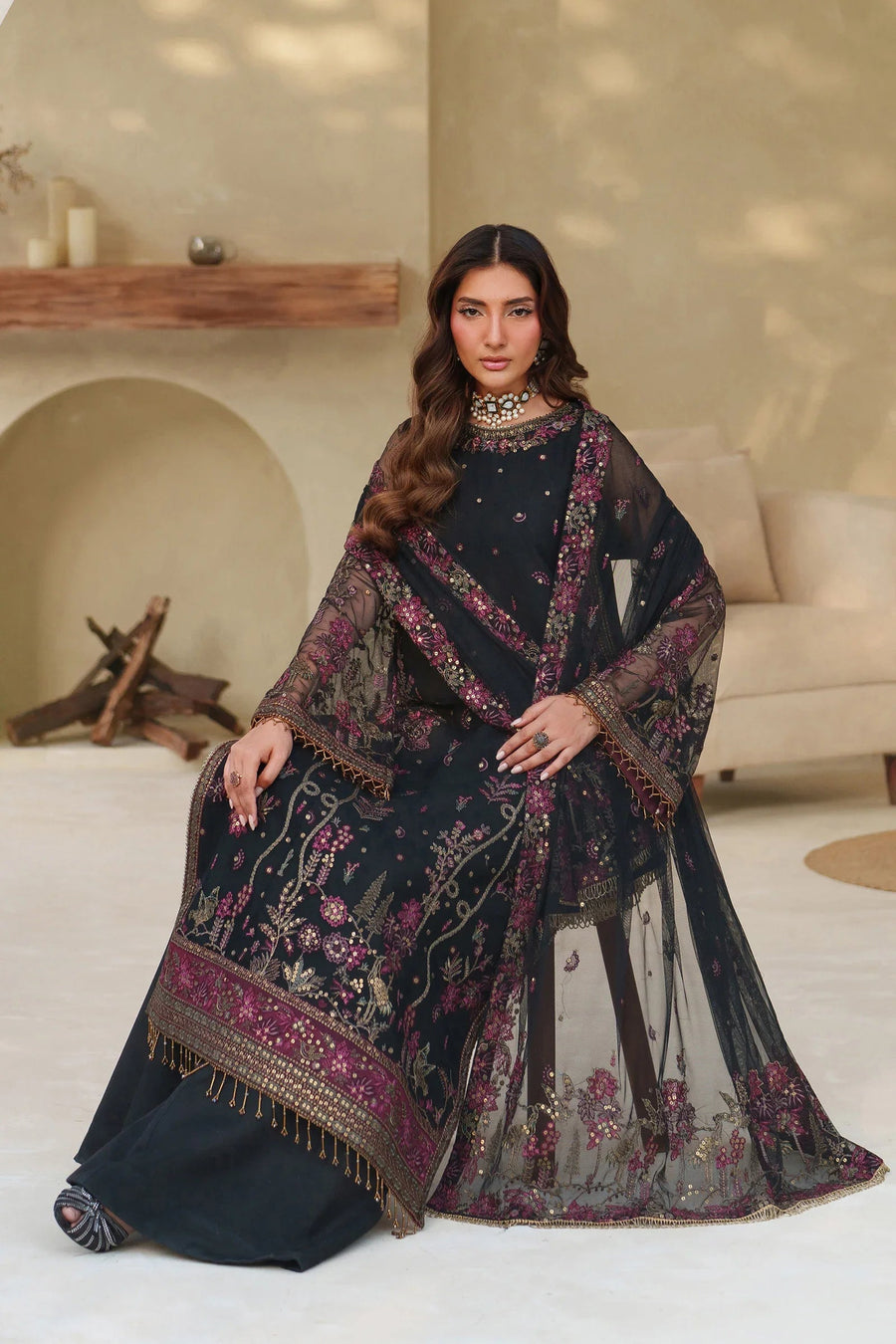 Zarif Meesa Sequins Embroidered Net Unstitched 3Pc Suit - Jemiha