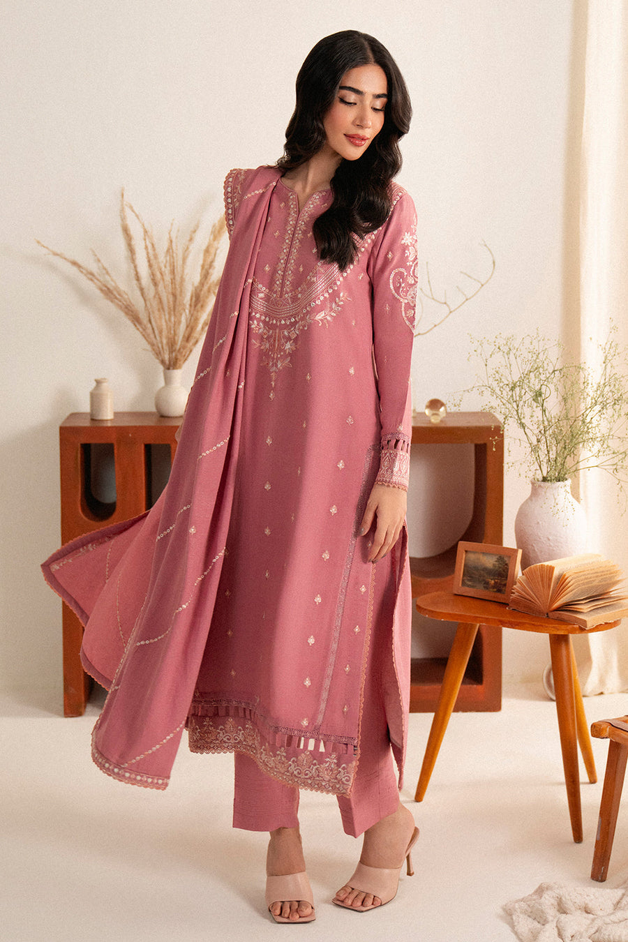 Neeshay Fall Pret Embroidered Karandi Stitched 3Pc Suit - Pink Reverie