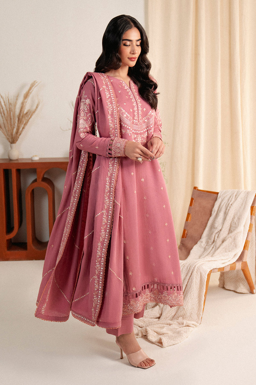Neeshay Fall Pret Embroidered Karandi Stitched 3Pc Suit - Pink Reverie