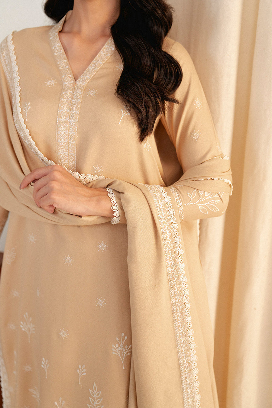 Neeshay Fall Pret Embroidered Karandi Stitched 3Pc Suit - Sand Whispers