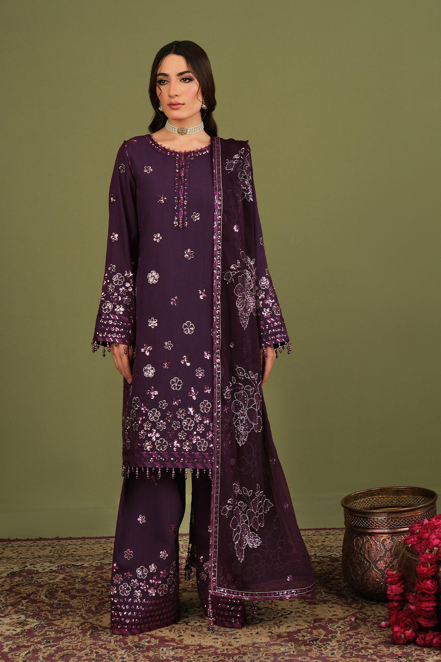 Alizeh Fashion Luxe Embroidered Raw Silk Unstitched 3Pc Suit AF-RS-09-Mulbery
