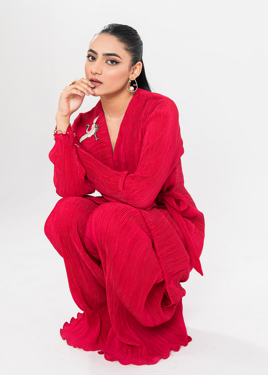 Maria Osama Khan Claire Pleated Silk Luxury Pret 2Pc Suit - Scarlet