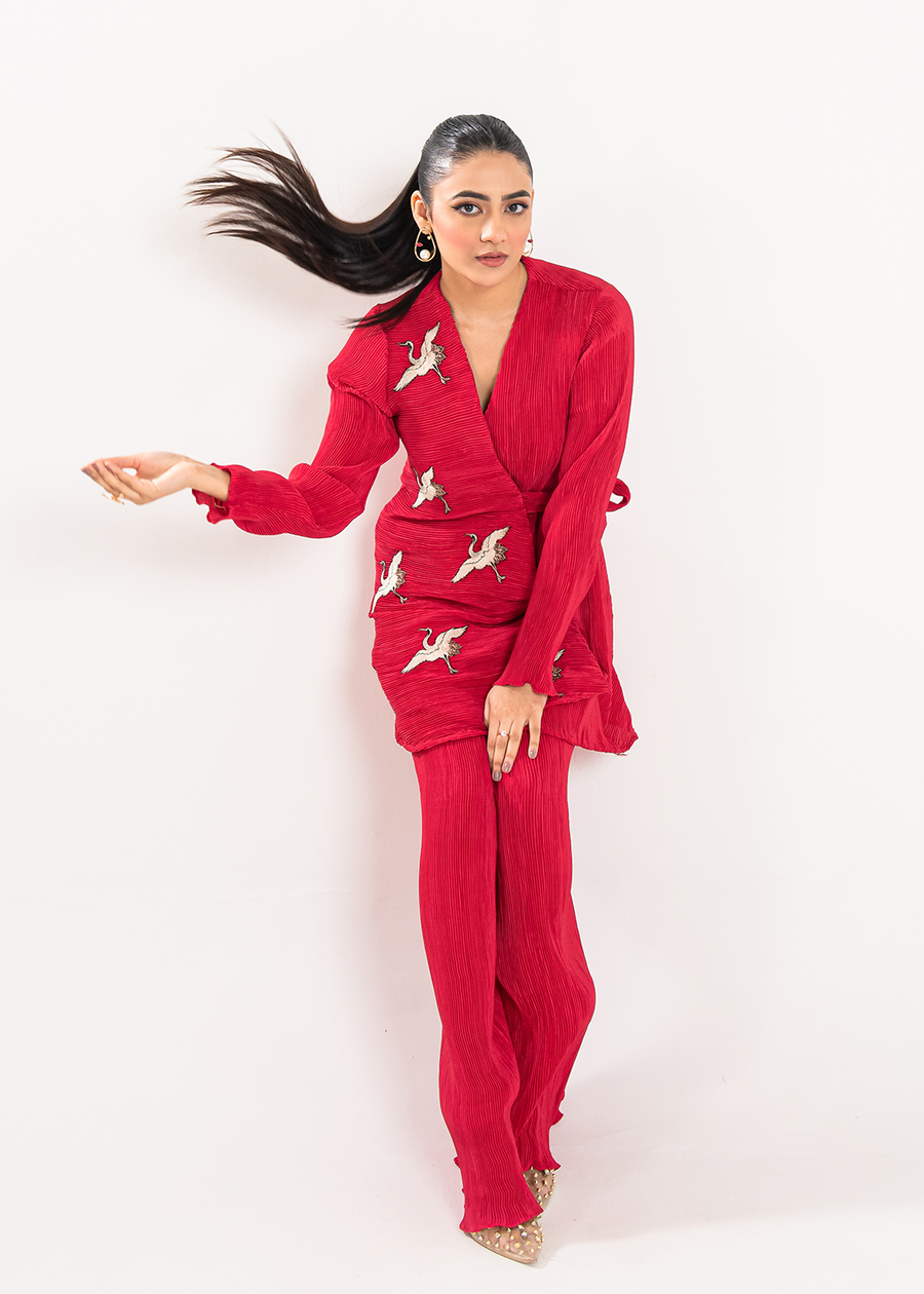 Maria Osama Khan Claire Pleated Silk Luxury Pret 2Pc Suit - Scarlet