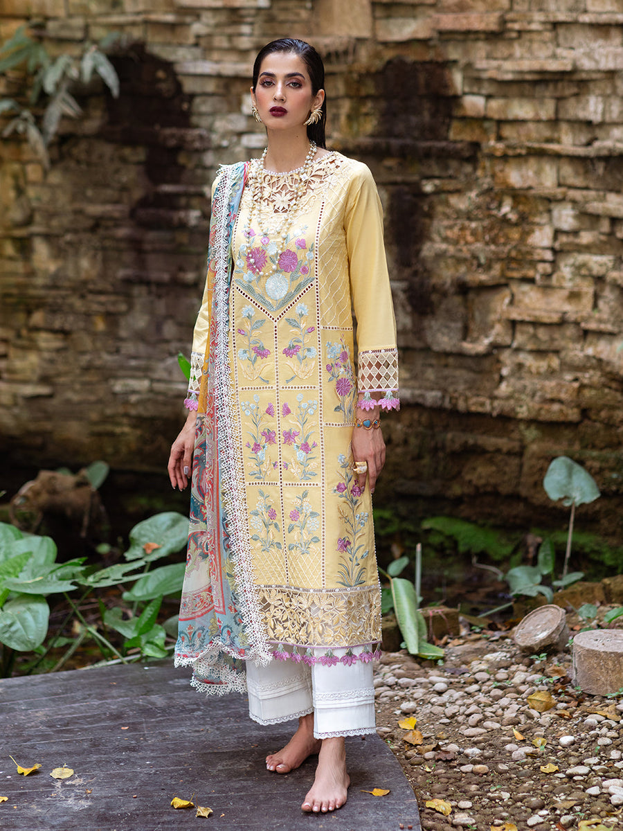 Roheenaz Dahlia Embroidered Lawn Unstitched 3Pc Suit RNZ-04A Daffodil