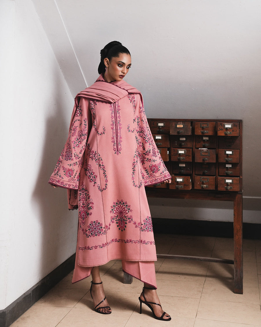 Jugnu Lahore Womenswear Embroidered Karandi Unstitched 3Pc Suit - DAHLIA