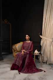 SIFA Valentino Embroidered Chiffon Unstitched 3 Piece Suit - Dahlia
