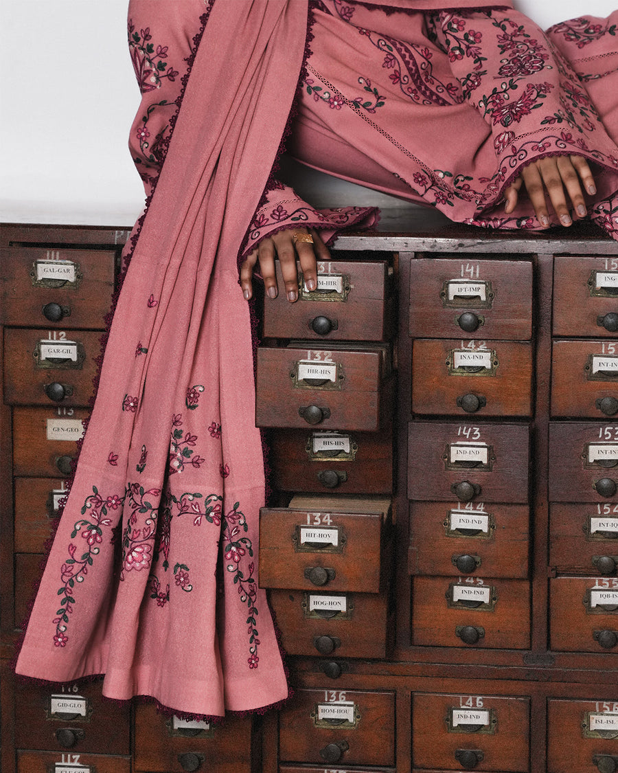 Jugnu Lahore Womenswear Embroidered Karandi Unstitched 3Pc Suit - DAHLIA