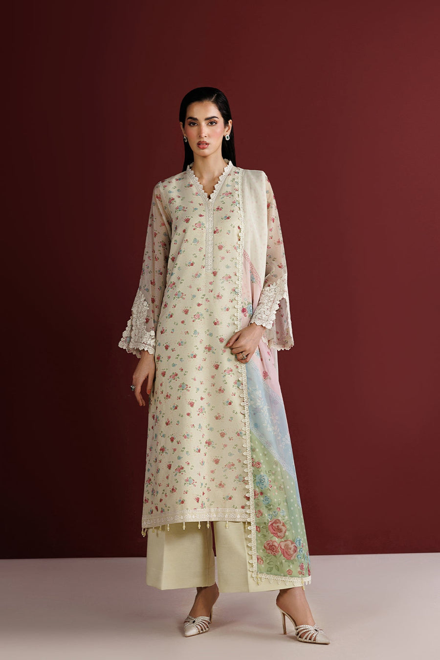 Farasha Fiorella Embroidered Chiffon Unstitched 3Pc Suit - Daisy Garden