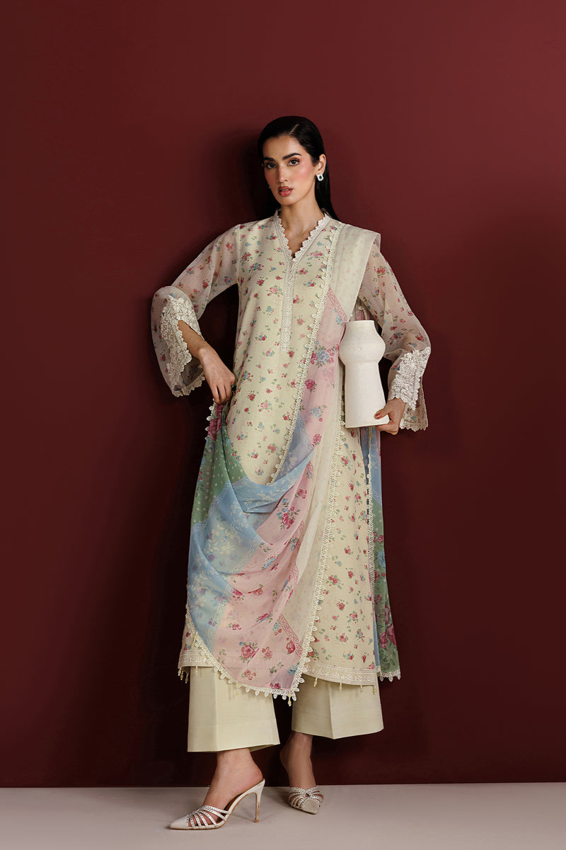 Farasha Fiorella Embroidered Chiffon Unstitched 3Pc Suit - Daisy Garden