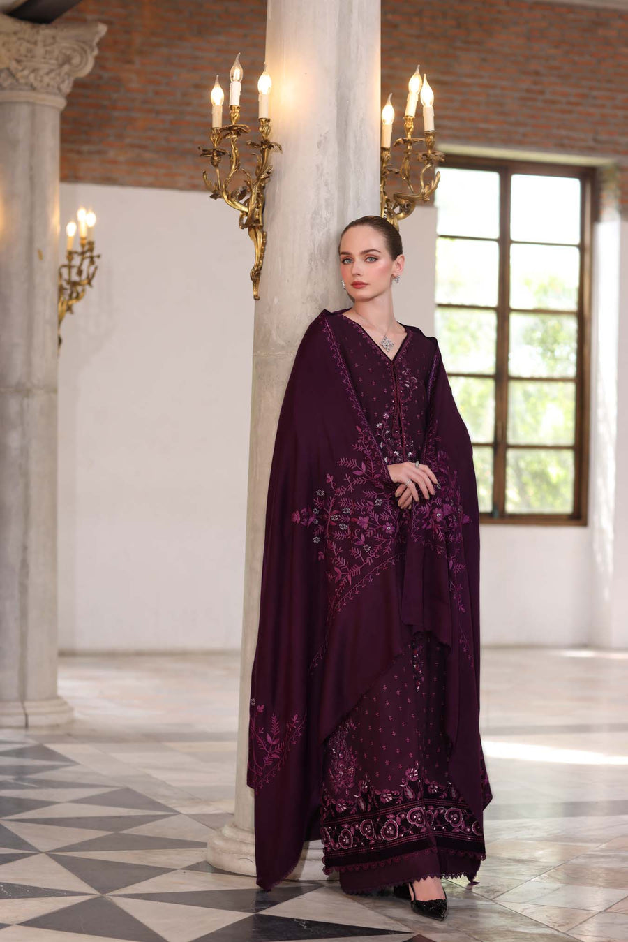 Noor by Saadia Asad Embroidered Khaddar Unstitched 3Pc Suit D-09 Damson
