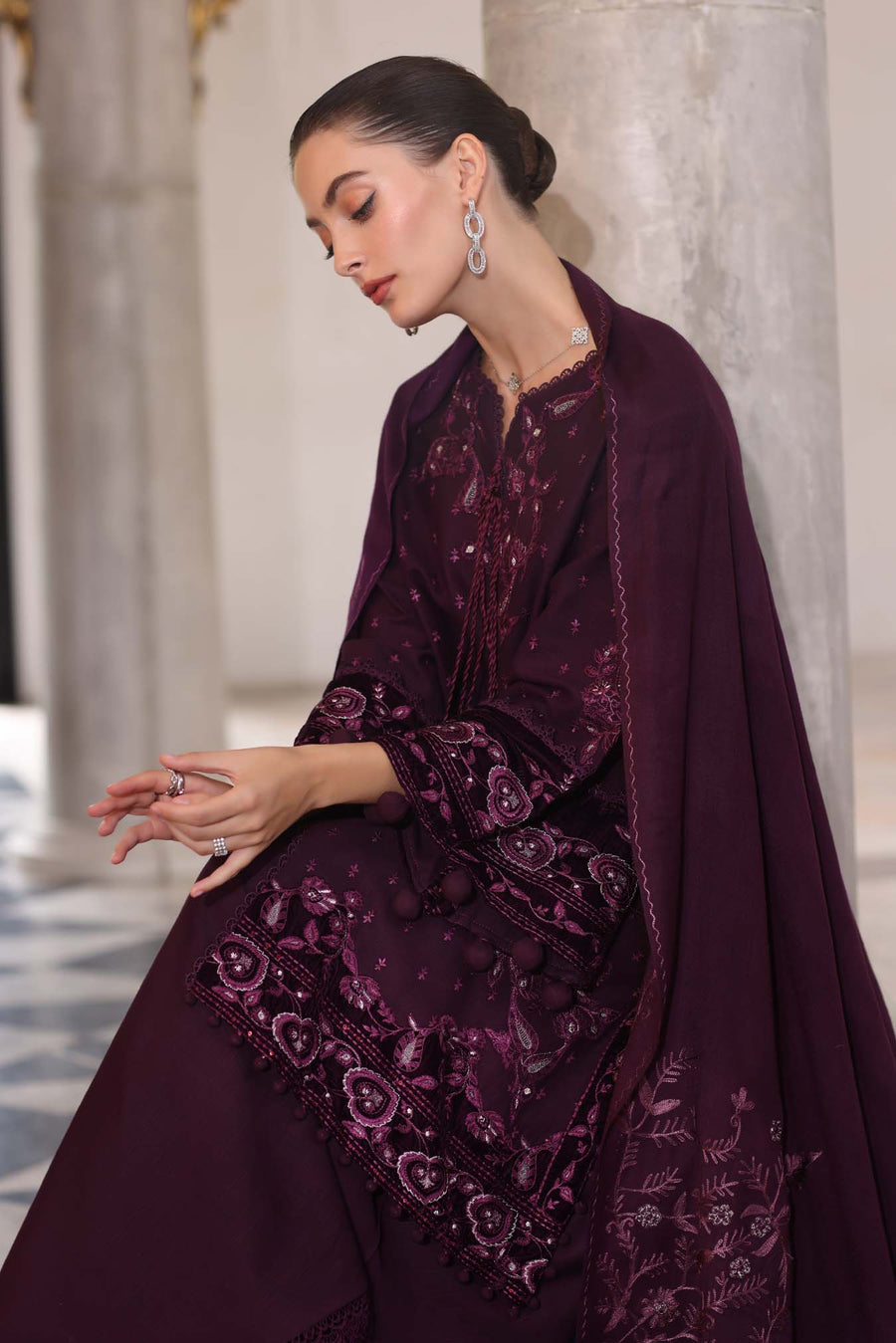 Noor by Saadia Asad Embroidered Khaddar Unstitched 3Pc Suit D-09 Damson