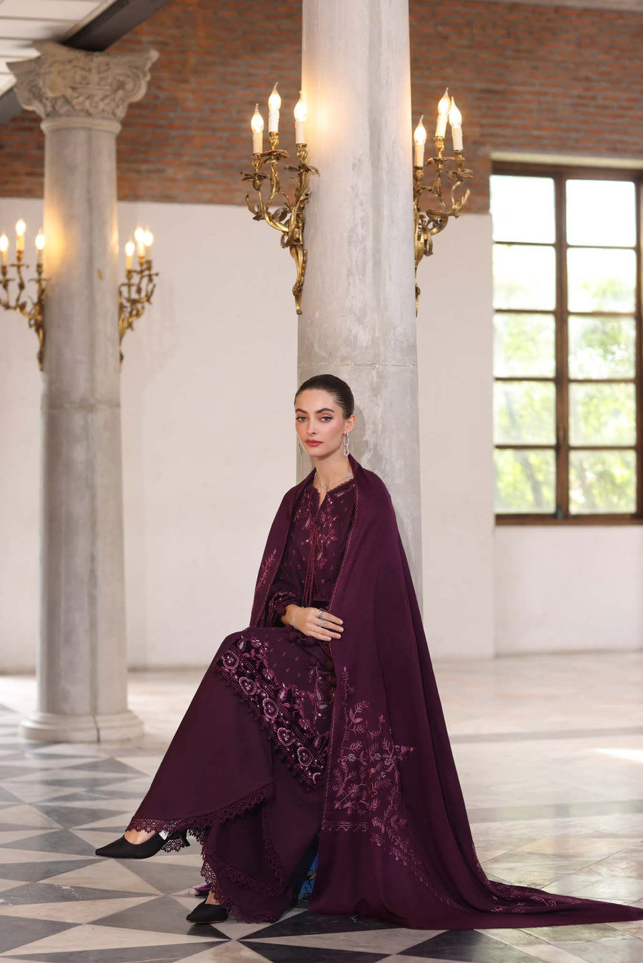 Noor by Saadia Asad Embroidered Khaddar Unstitched 3Pc Suit D-09 Damson