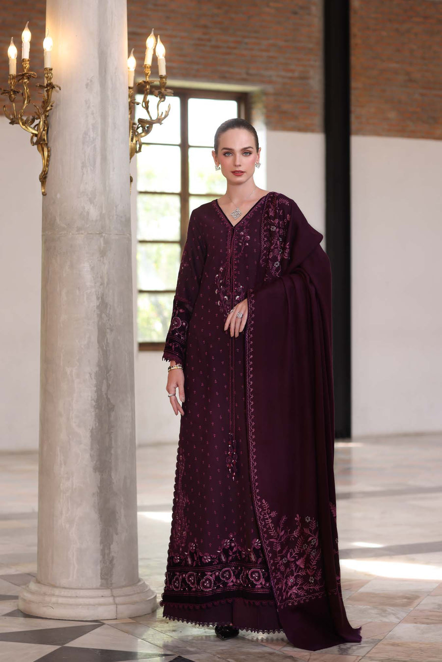 Noor by Saadia Asad Embroidered Khaddar Unstitched 3Pc Suit D-09 Damson