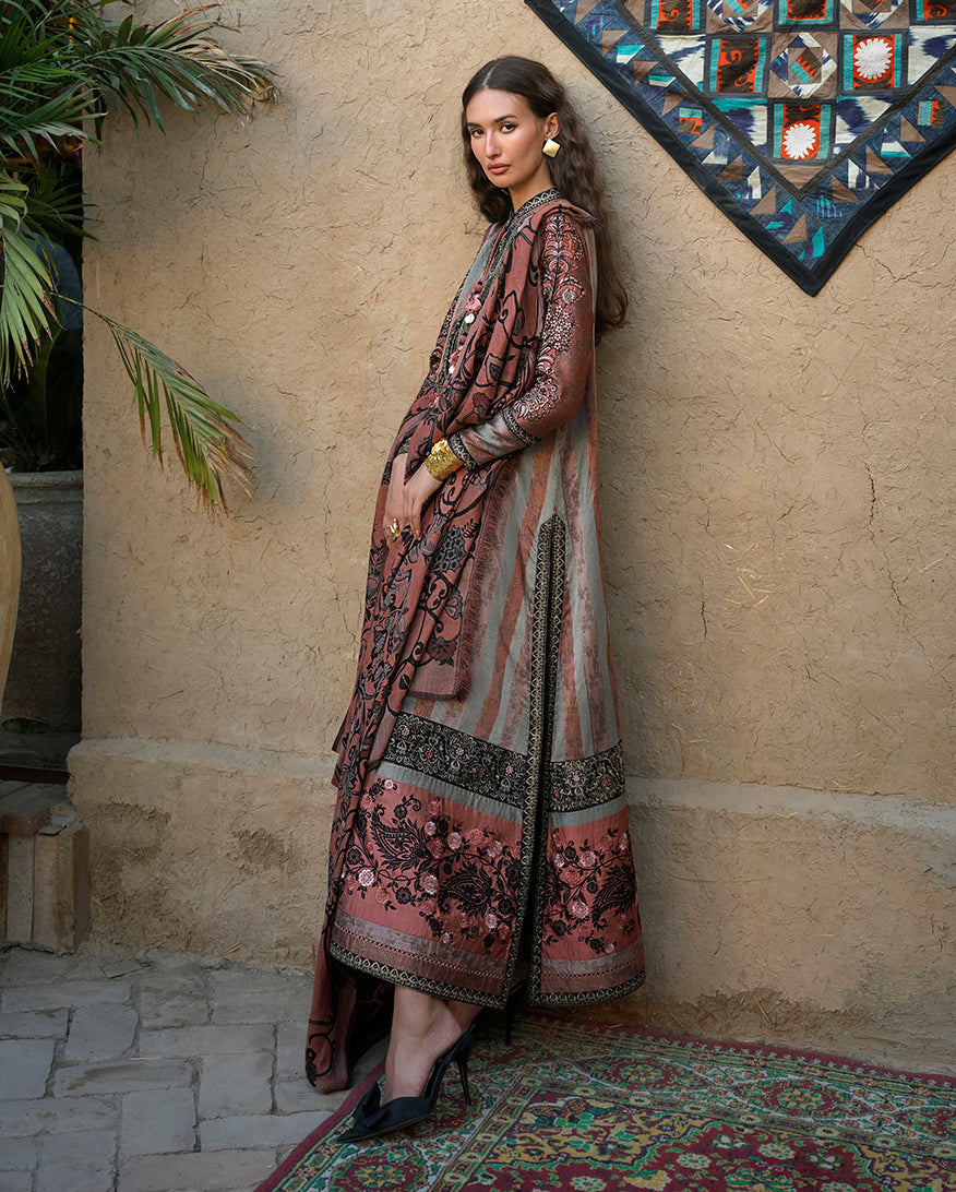 Mushq Broadway Embroidered Jacquard Unstitched 3Pc Suit - Desert Dusk