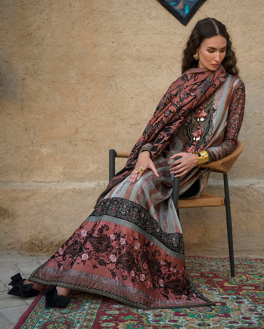 Mushq Broadway Embroidered Jacquard Unstitched 3Pc Suit - Desert Dusk