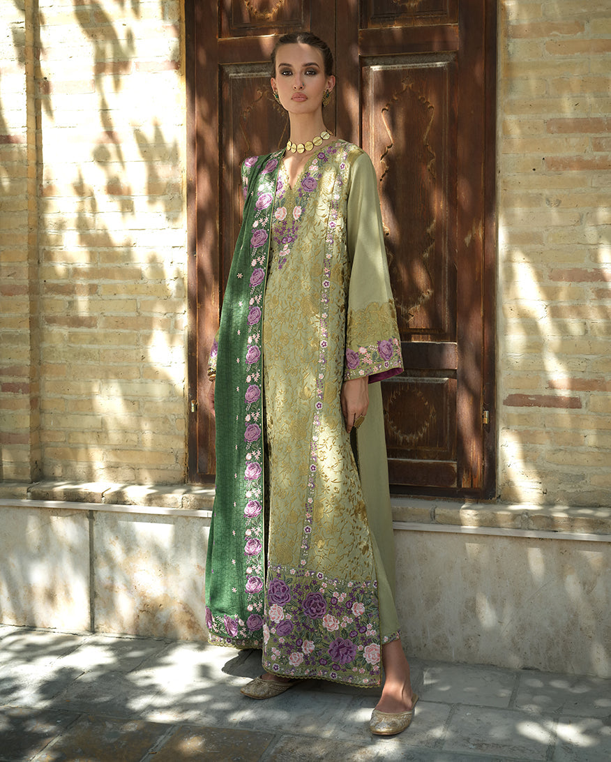 Hemline by Mushq Bukhara Embroidered Crepe Unstitched 3Pc Suit - Desert Minaret