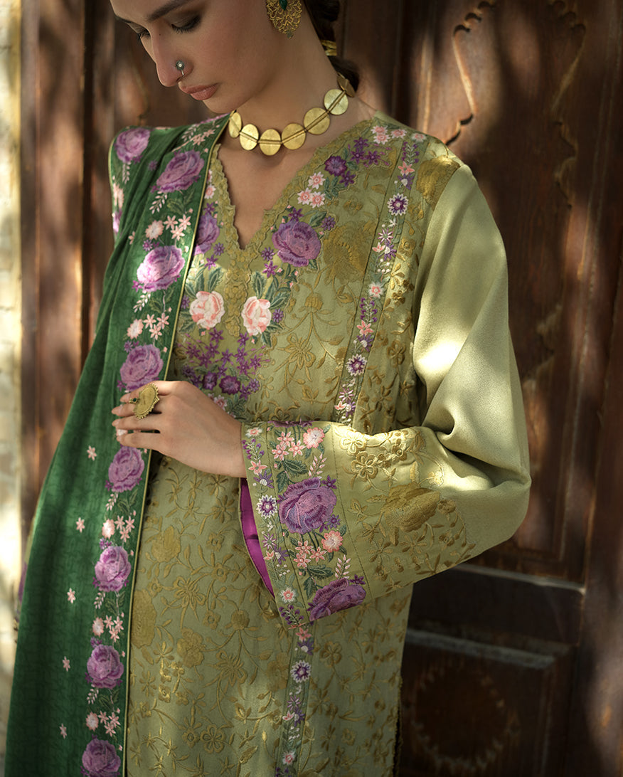 Hemline by Mushq Bukhara Embroidered Crepe Unstitched 3Pc Suit - Desert Minaret