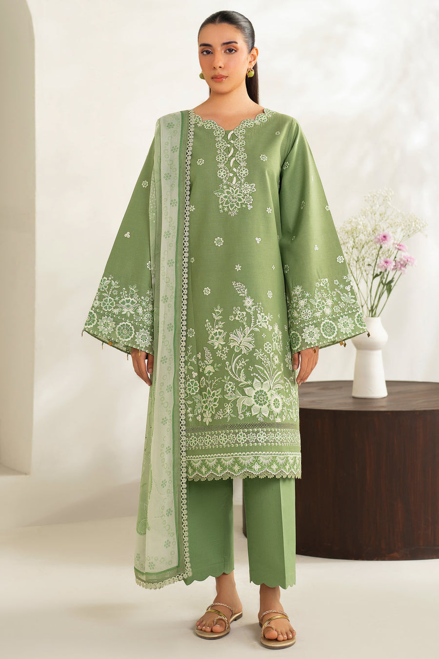 Farasha Summer Weaves Embroidered Lawn Unstitched 3Pc Suit - Dewy Sage