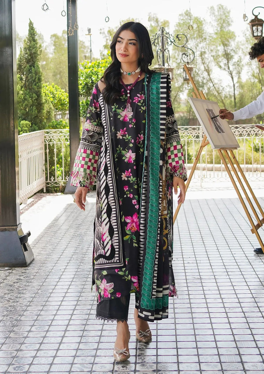 Elaf Premium Printed Lawn Unstitched 3Pc Suit EEP-02A - Dark Floral