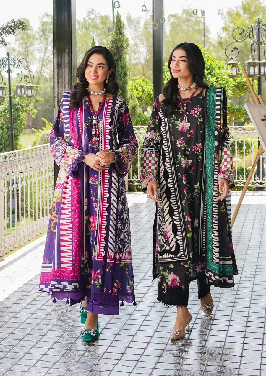 Elaf Premium Printed Lawn Unstitched 3Pc Suit EEP-02A - Dark Floral