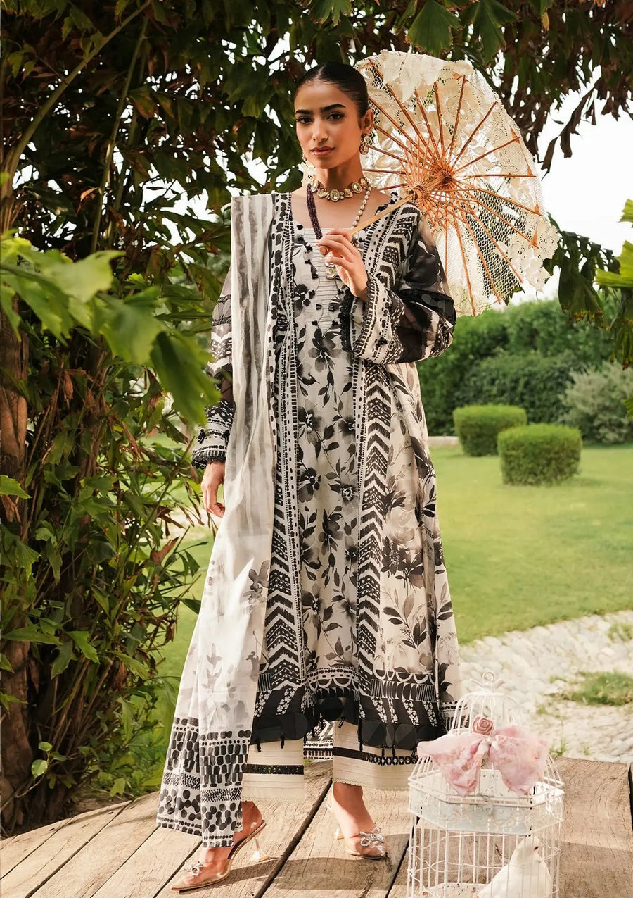 Elaf Premium Printed Lawn Unstitched 3Pc Suit EEP-07B - Black Blossom
