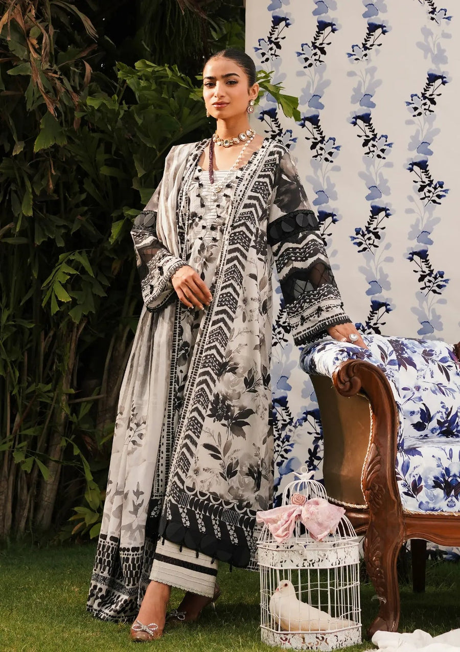 Elaf Premium Printed Lawn Unstitched 3Pc Suit EEP-07B - Black Blossom