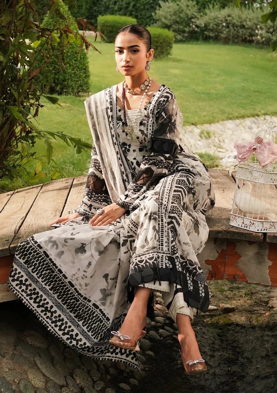 Elaf Premium Printed Lawn Unstitched 3Pc Suit EEP-07B - Black Blossom