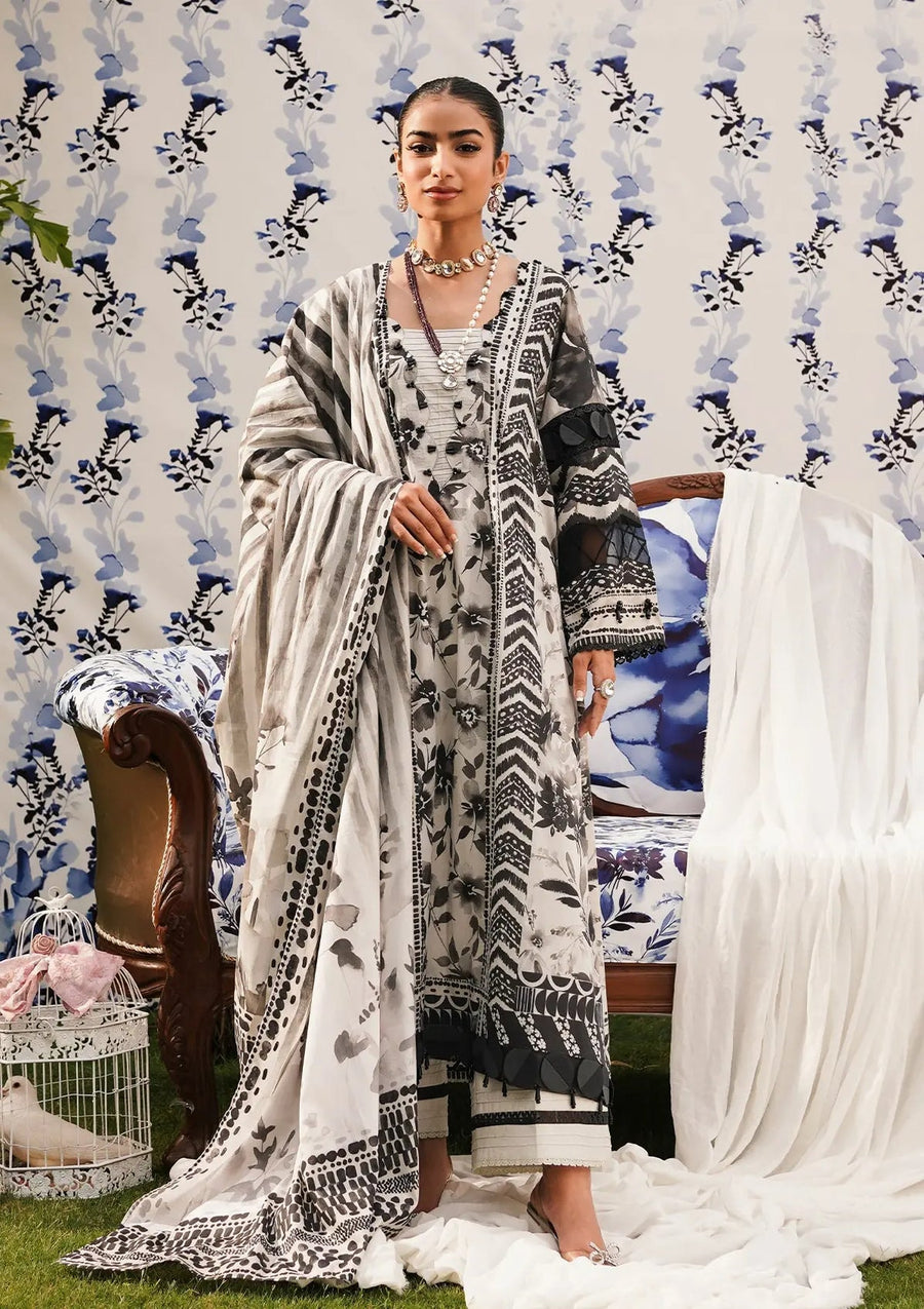 Elaf Premium Printed Lawn Unstitched 3Pc Suit EEP-07B - Black Blossom