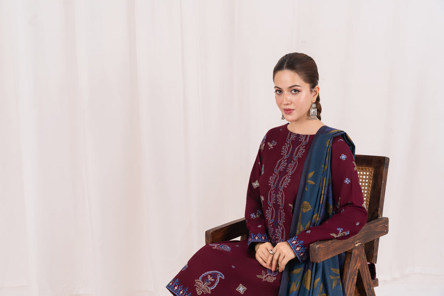 Feathers Fully Embroidered Dhanak Unstitched 3Pc Suit EISLEN-FT554