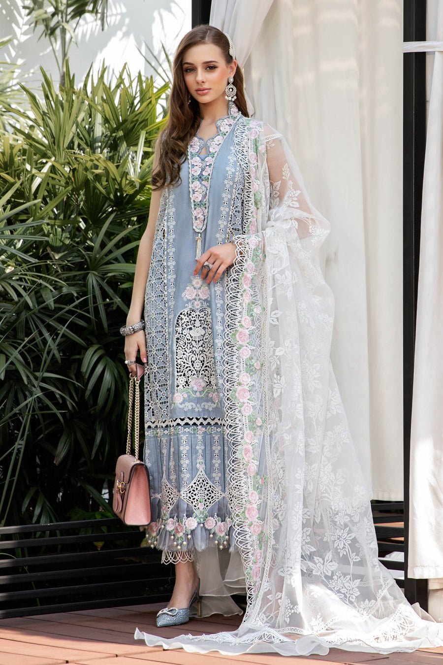 Maria.B Luxury Eid Lawn Unstitched Embroidered 3Pc Suit EL-23-10-Ice Blue