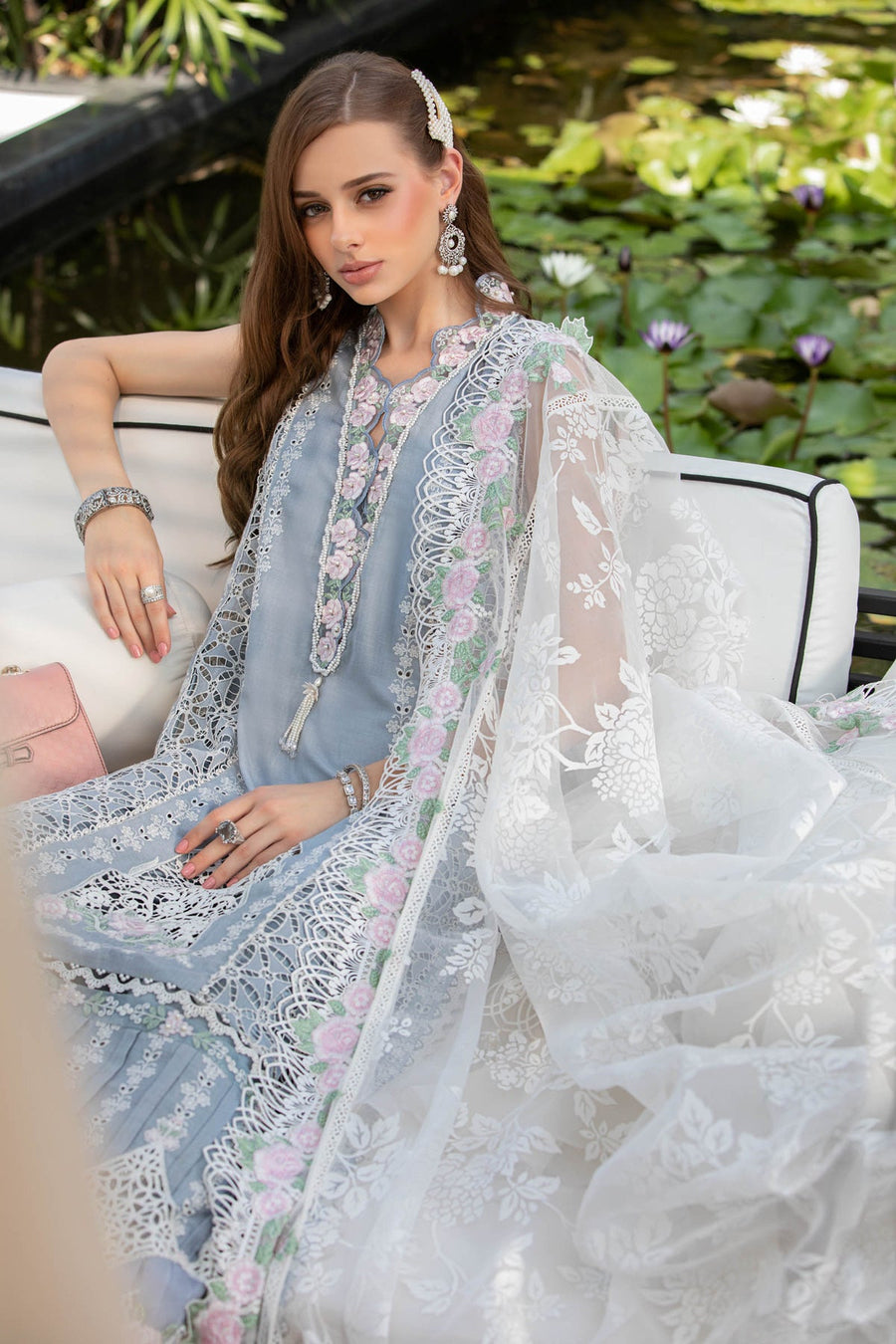 Maria.B Luxury Eid Lawn Unstitched Embroidered 3Pc Suit EL-23-10-Ice Blue
