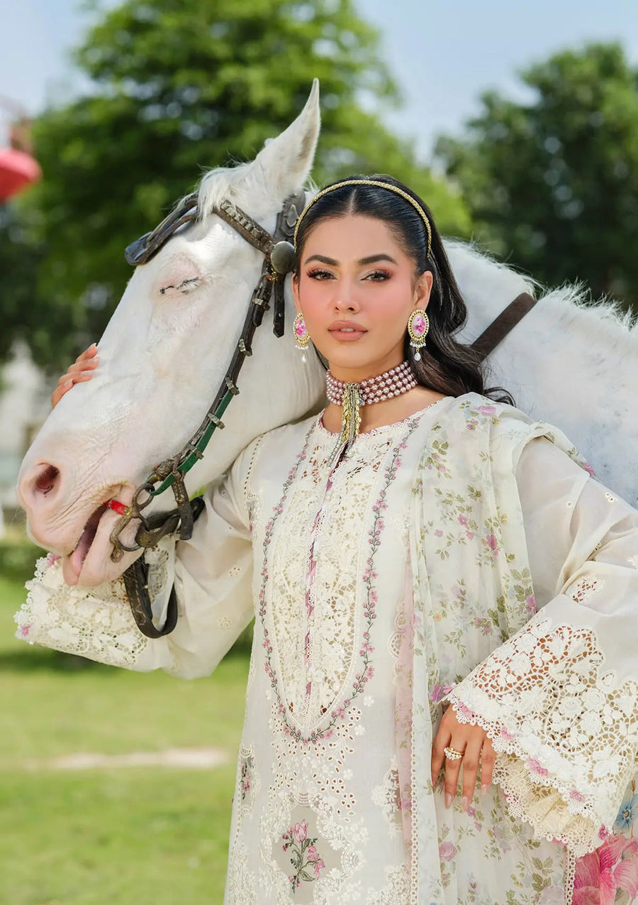Elaf Premium Embroidered Luxury Lawn Unstitched 3Pc Suit ELH-7A WHITE EMPRESS