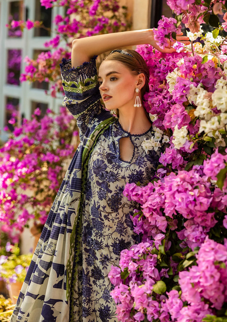 Elaf Premium Prints Chikankari Lawn Unstitched 3Pc Suit ELK-01A BLUE BLOSSOM