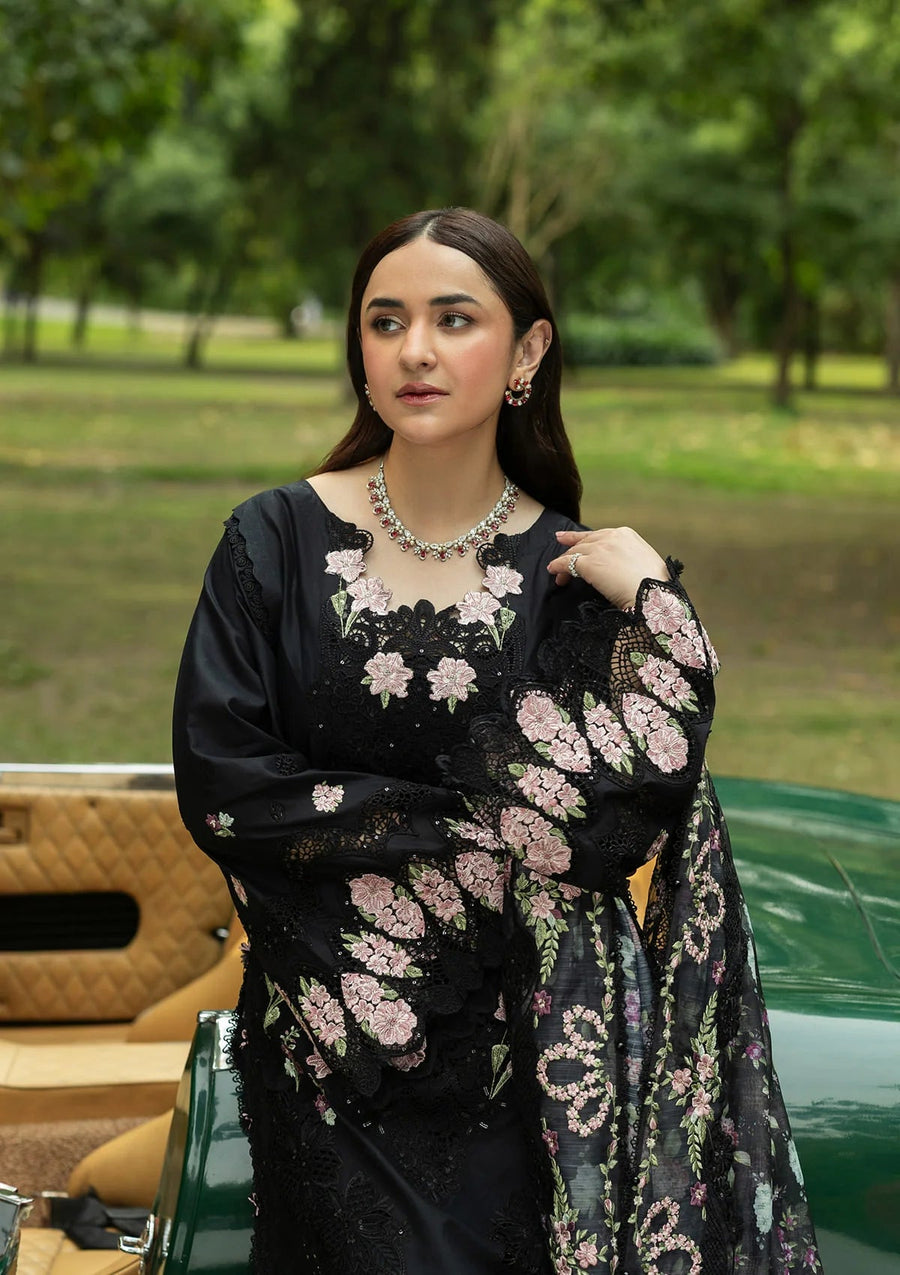 Elaf Premium Embroidered Luxury Lawn Unstitched 3Pc Suit ELQ-5B BLACK MASCARA