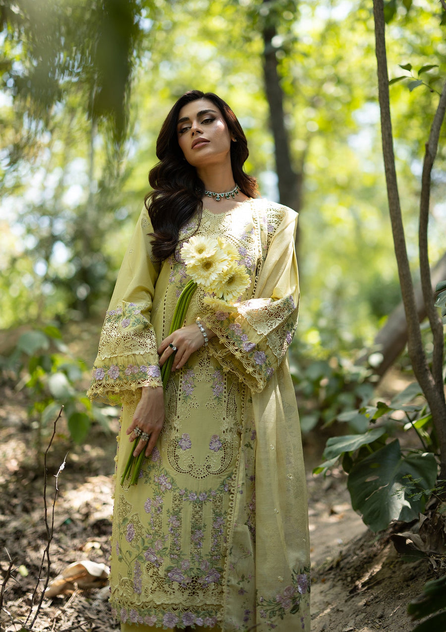 Elaf Premium Embroidered Luxury Lawn Unstitched 3Pc Suit ELQ-7A BUTTER YELLOW