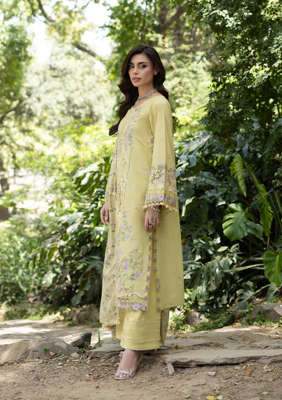 Elaf Premium Embroidered Luxury Lawn Unstitched 3Pc Suit ELQ-7A BUTTER YELLOW
