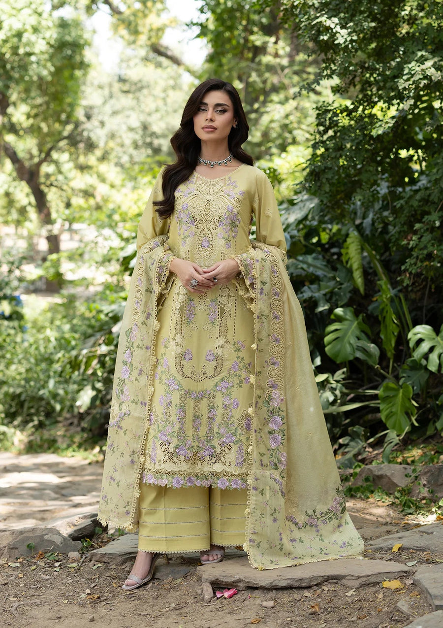 Elaf Premium Embroidered Luxury Lawn Unstitched 3Pc Suit ELQ-7A BUTTER YELLOW