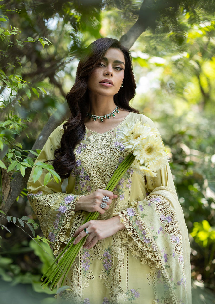 Elaf Premium Embroidered Luxury Lawn Unstitched 3Pc Suit ELQ-7A BUTTER YELLOW