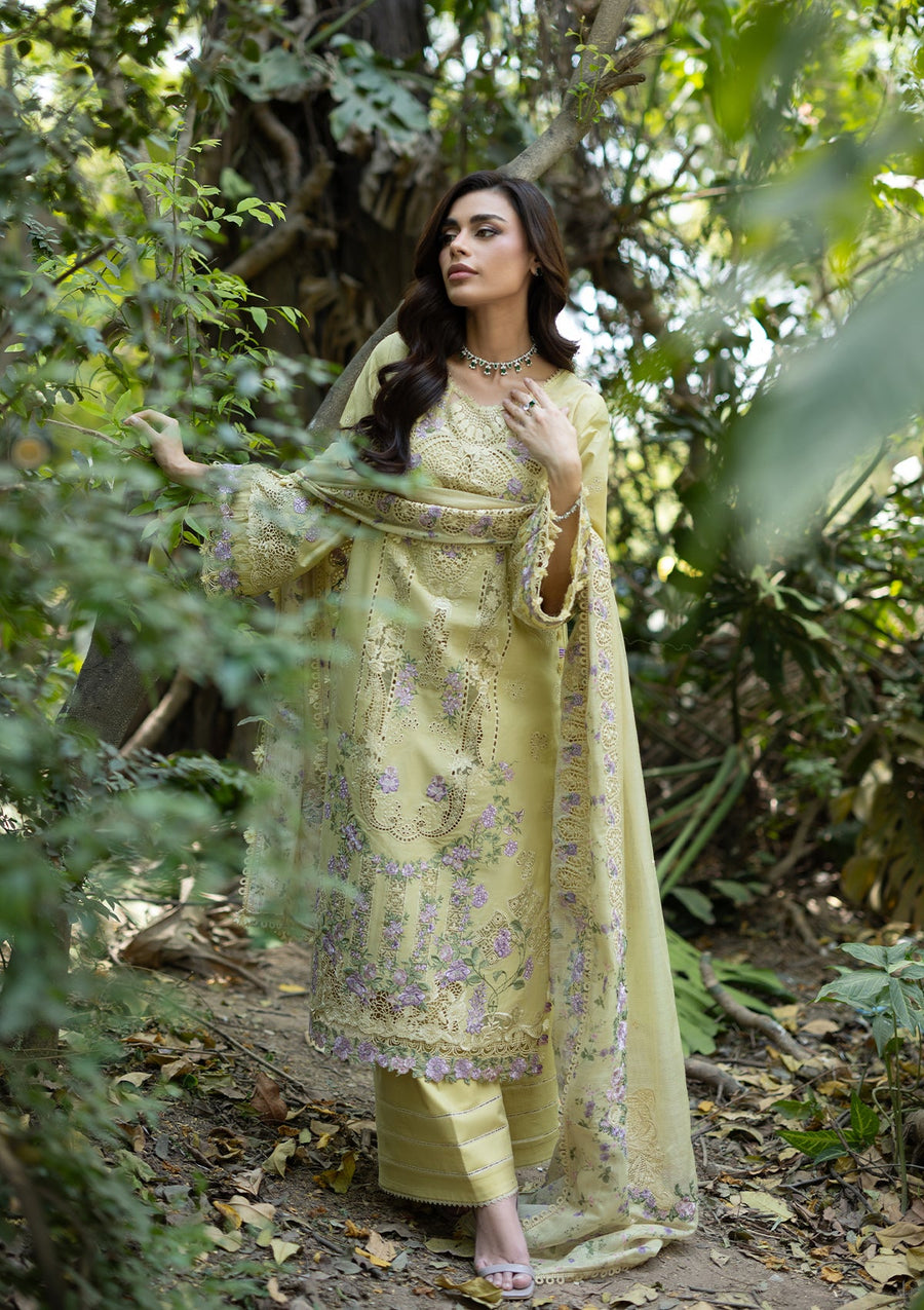 Elaf Premium Embroidered Luxury Lawn Unstitched 3Pc Suit ELQ-7A BUTTER YELLOW