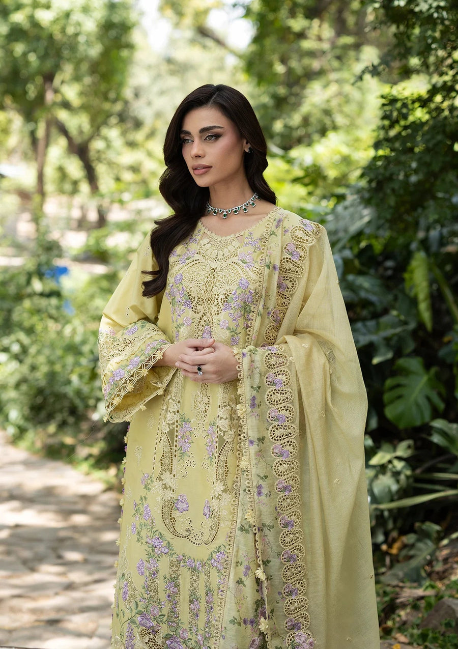 Elaf Premium Embroidered Luxury Lawn Unstitched 3Pc Suit ELQ-7A BUTTER YELLOW
