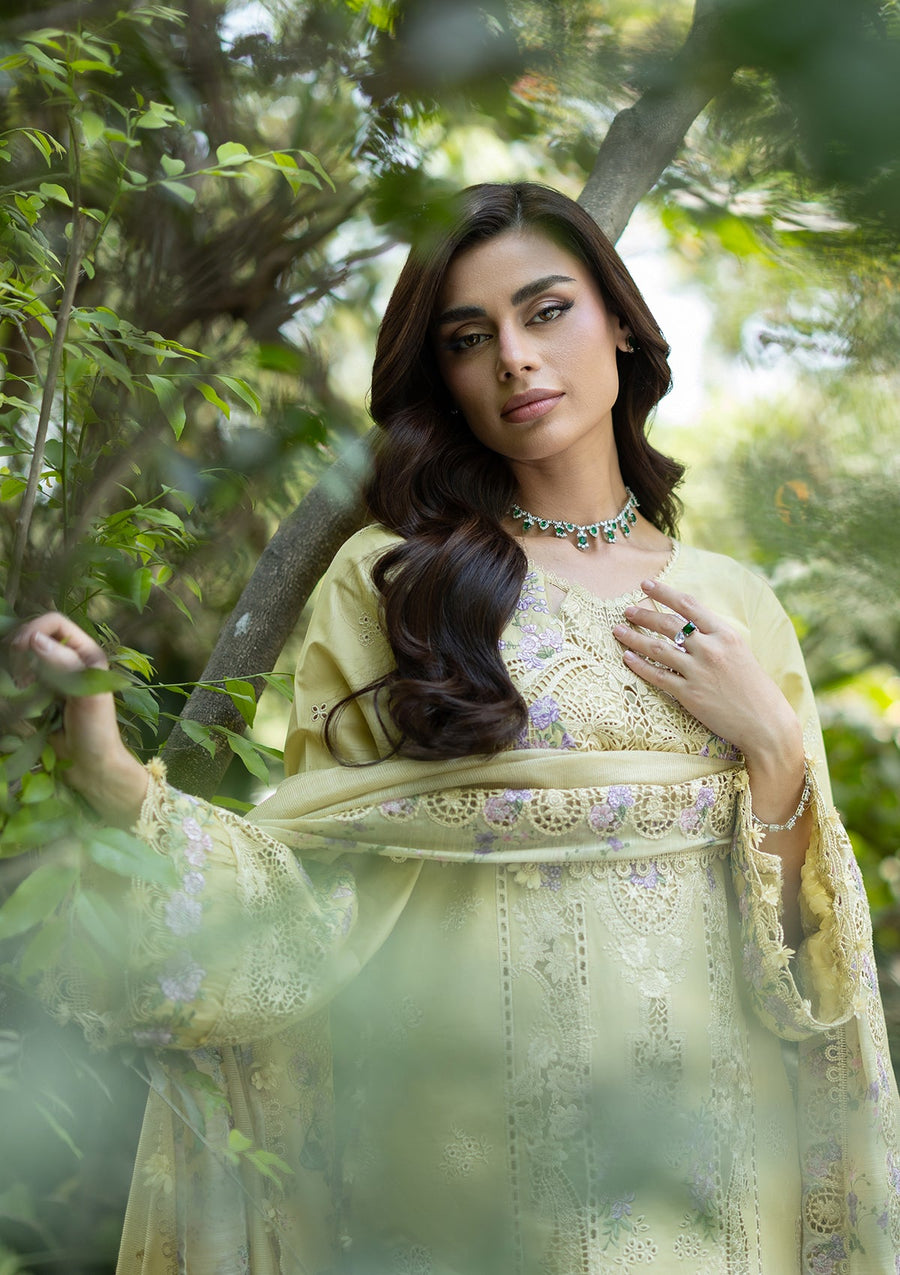 Elaf Premium Embroidered Luxury Lawn Unstitched 3Pc Suit ELQ-7A BUTTER YELLOW