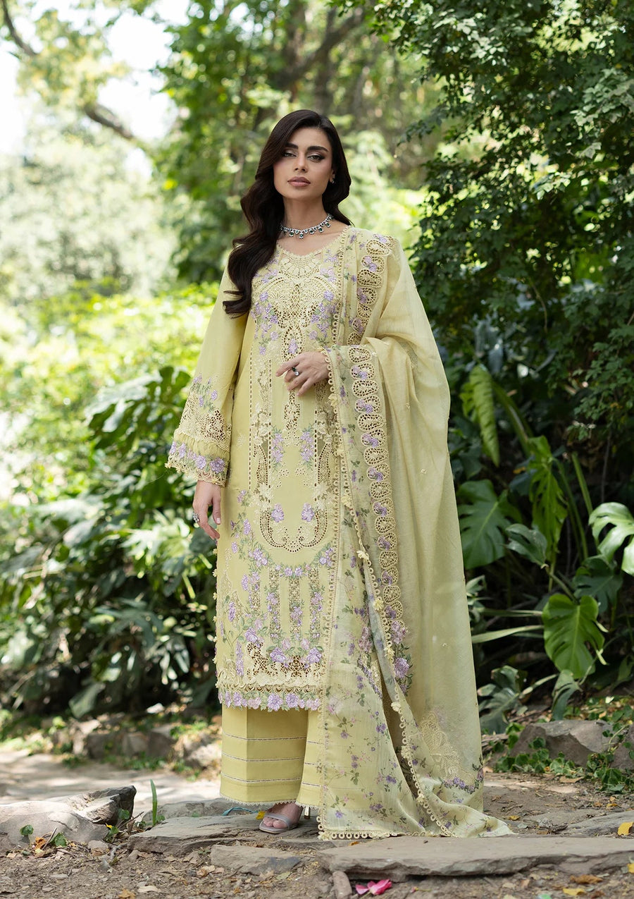 Elaf Premium Embroidered Luxury Lawn Unstitched 3Pc Suit ELQ-7A BUTTER YELLOW